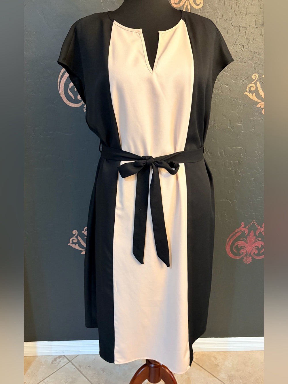 Black & Cream Colorblock Midi Dress with Waist Tie